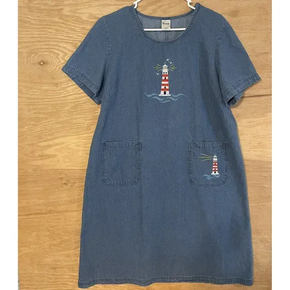 Blair | Dresses | Vtg Blair Nautical Lighthouses Dress Size Large Blue Denim  Pockets Short Sleeve | Poshmark